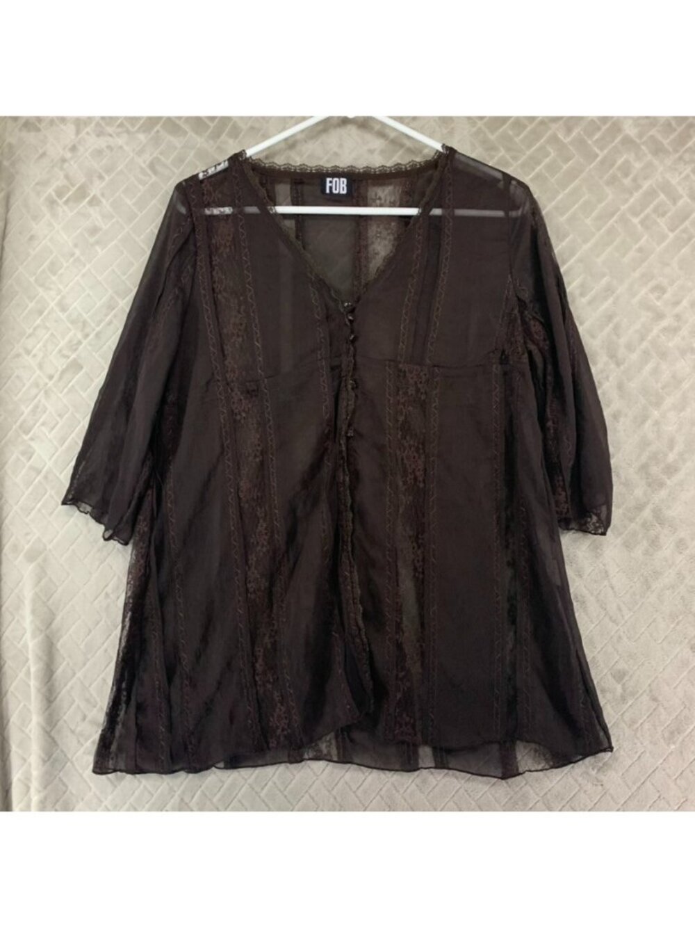FOB Blouse Women M Brown Sheer Peasant Top Half Sleeve Whimsy Goth Fairy Cottage